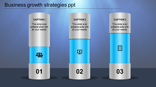 Business growth graphic with three vertical blue cylinders numbered 01 to 03, featuring icons and captions.