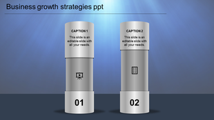 Business growth graphic with two vertical silver cylinders numbered 01 and 02, featuring icons and captions.