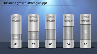 Cylindrical columns representing business growth strategies with icons and captions areas placed in a blue background.