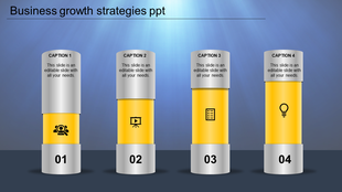 Four step business growth layout with yellow pillars, numbered bases, icons, and silver captions on top.