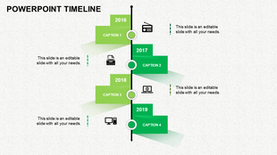 PowerPoint timeline template with green milestones for the years 2016 to 2019, each with icons and captions.