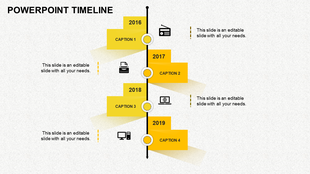 Four step timeline with yellow gradient boxes, black icons, and a vertical black line with circular nodes.