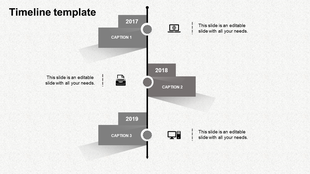 Vertical timeline with gray milestone boxes for 2017 to 2019, connected by a black line with circular markers.