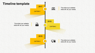 Timeline PPT template with yellow milestones for 2017 to 2019, featuring icons like a laptop, typewriter, and computer.