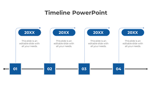 Blue horizontal timeline showing numbered squares and caption areas connected to rounded year labels '20XX'.