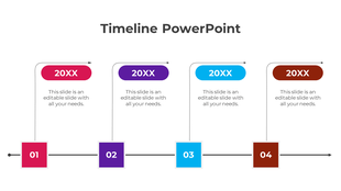 Horizontal multicolor timeline with four milestones in pink, purple, blue, and brown boxes, linked by arrows.