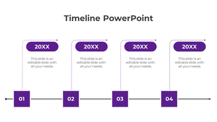 Timeline PPT slide with four milestones, each marked by a purple square and labeled 20XX, with arrows indicating progression.