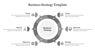 Six step circular business infographic in grey, illustrating icons like vision, tactics, and mission, around a centre.