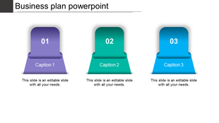 Three gradient colored podium shapes in purple, teal, and blue, each numbered with captions below on a white background.