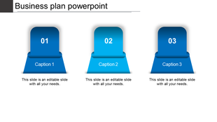 A structured business plan template with three numbered blue podium like shapes and captions below.