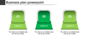 Three step green gradient infographic with numbered tabs labeled with Caption 1 to Caption 3 areas.