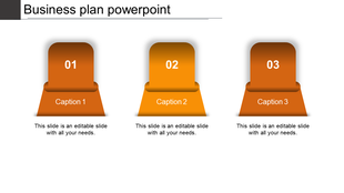 Business plan PowerPoint slide with numbered sections 01, 02, 03, and corresponding orange captions with placeholder text.