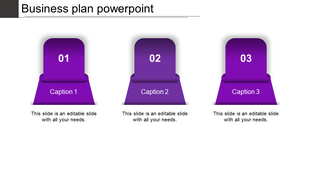 Horizontal purple diagram with rounded pillars numbered 01 to 03 for business plan captions in white backdrop.