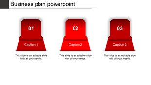 Business plan PowerPoint slide with numbered sections and three red Captions each with placeholder text.