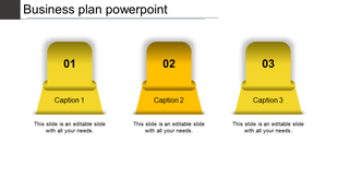 Business plan PowerPoint slide with numbered sections and three yellow Captions each with placeholder text.