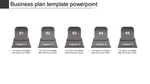 Business plan PowerPoint template featuring five numbered sections with grey icons and caption placeholders.