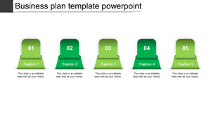 Slide with five green gradient blocks resembling awards, each numbered and captioned with text below.