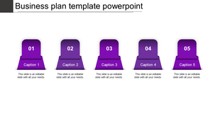 Business plan slide with five purple gradient blocks, each numbered from 01 to 05, with captions and text below.