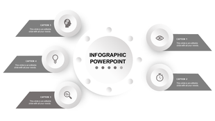 Modern circular infographic featuring six icons and blue caption boxes linked to a central circle with gradient dots.