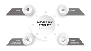 Infographic PowerPoint design slide with four sections connected to a central circle, each with a relevant grey icon.