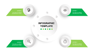 Green themed layout with a central circle and four triangular caption blocks, each containing an icon.