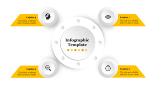 Modern circular infographic featuring four icons and red caption boxes connected to a central labeled circle.