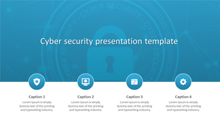 Slide with a large lock icon in the background and four captions with icons representing security aspects.