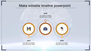 Timeline featuring three orange circles with icons representing technology milestones in 2017, 2018, and 2019.