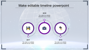 A PowerPoint timeline design slide with purple circular markers for 2017, 2018, and 2019, featuring icons for each year.