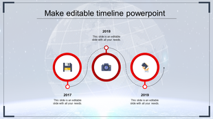 Horizontal layout with red circles, each with an icon, representing tech milestones for three years.