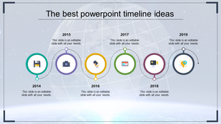 PowerPoint timeline design slide with colorful circular markers for the years 2014 to 2019, featuring icons for each year.