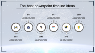PowerPoint timeline design with grey circular markers for the years 2014 to 2019, featuring icons for each milestone.