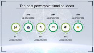 Timeline with six green arrows and icons for years 2014 to 2019, featuring technology related symbols.