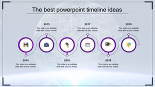 Timeline with six circular icons in purple, each year from 2014 to 2019 marked by a different symbol and year.