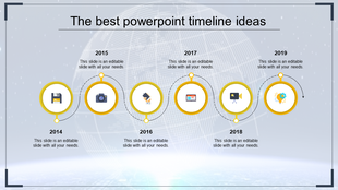 Modern  timeline template featuring five milestone icons, each circled in red colour over a globe graphic.