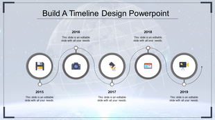 Visually appealing timeline with gray circles and icons showing technological progress over the years 2015 to 2019.