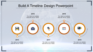 A timeline PPT template with orange circles, featuring years from 2015 to 2019 and icons for each year with placeholder text.