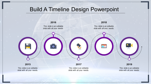 Horizontal timeline with green circular icons showing technology symbols for each year from 2015 to 2019.