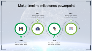 A timeline PowerPoint slide design with green circles for the years from 2016 to 2019, including icons with placeholder text.