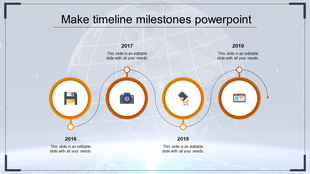 Timeline with orange circular icons, each representing different years from 2016 to 2019 with tech related symbols.