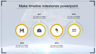 Yellow themed timeline with circular icons for years 2016 to 2019, each containing tech related symbols and milestones.
