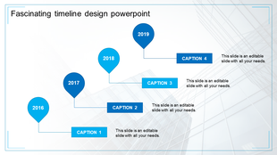 Timeline with four blue circles for years 2016 to 2019, linked by lines with captions below each year marker.