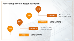 Timeline PowerPoint slide with orange teardrop markers for the years 2016 to 2019, each with corresponding captions.