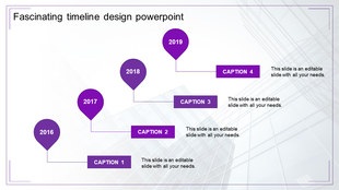 Stepped timeline layout with green milestones and rectangular captions on a sleek building background.