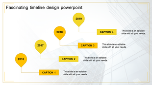 Timeline PowerPoint slide with yellow teardrop markers for the years 2016 to 2019, each with corresponding captions.