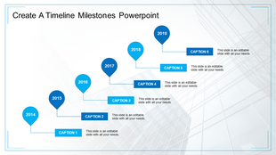 Timeline with six blue year markers, each inside circles, connected by lines, with caption boxes below.