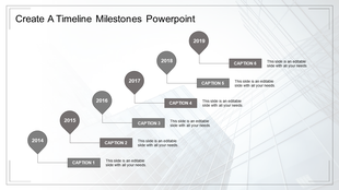 Gray timeline with six circles for years from 2014 to 2019, connected by lines with caption boxes beneath.