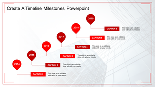 Red themed timeline PPT slide with circular markers for the years 2014 to 2019 and corresponding caption placeholders.
