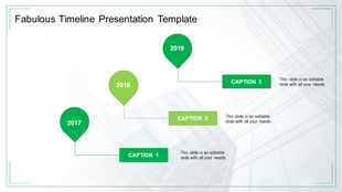 Modern timeline infographic displaying three green pin markers for years 2017-2019, connected to rectangular captions.