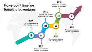 PowerPoint timeline template with five years from 2014 to 2019, featuring colorful icons and a world map backdrop.